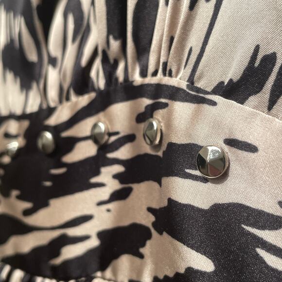 Sandro Paris Printed Black + Cream Silk Mini Dress 2 | Pockets Studded Rare NWOT - Picture 6 of 15